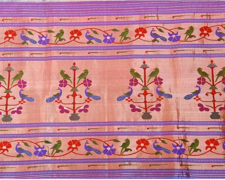 Parrot or Munia pattern on sari, along with peacock and flower pot